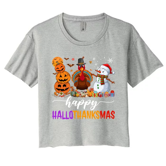 Funny Happy Hallothanksmas Halloween Thanksgiving Christmas Women's Crop Top Tee