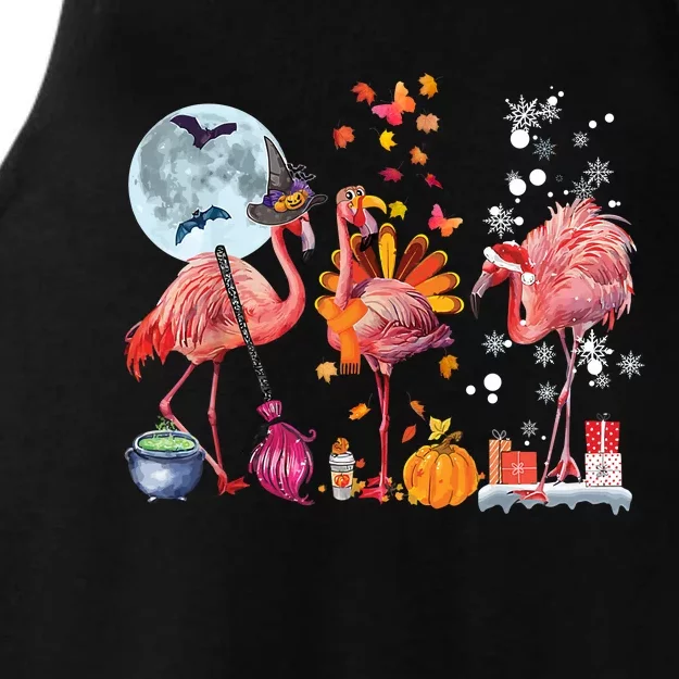 Flamingo Happy HalloThanksmas Funny Halloween Thanksgiving Christmas Ladies Tri-Blend Wicking Tank