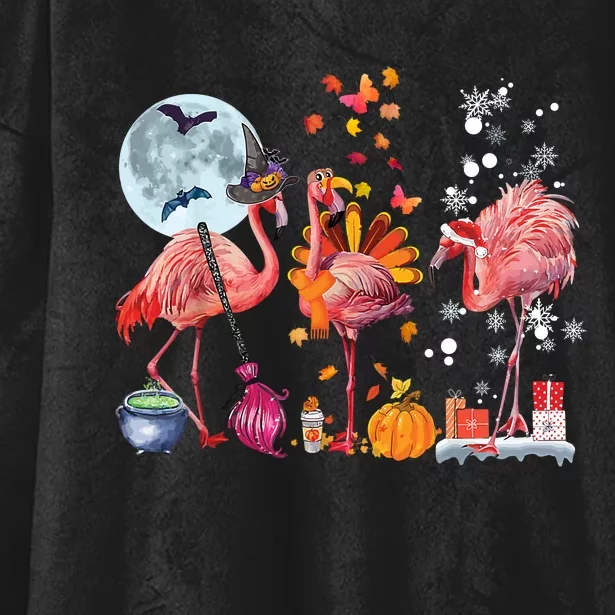 Flamingo Happy HalloThanksmas Funny Halloween Thanksgiving Christmas Hooded Wearable Blanket