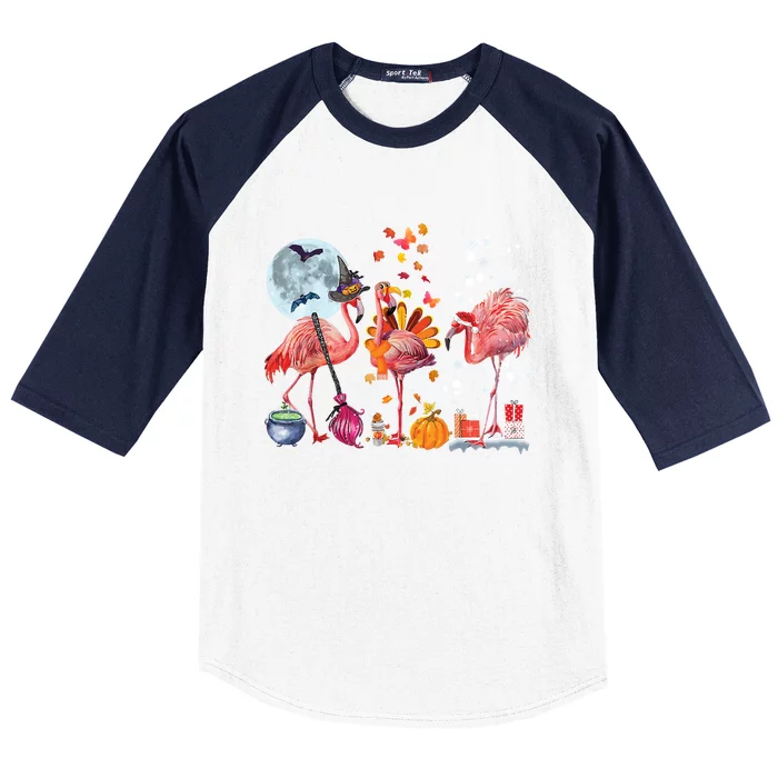 Flamingo Happy HalloThanksmas Funny Halloween Thanksgiving Christmas Baseball Sleeve Shirt