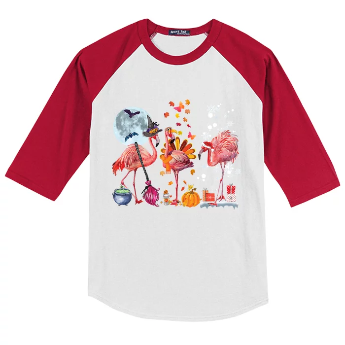 Flamingo Happy HalloThanksmas Funny Halloween Thanksgiving Christmas Kids Colorblock Raglan Jersey