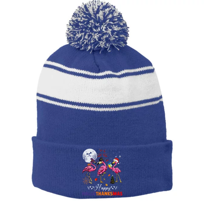 Flamingo Happy HalloThanksmas Funny Halloween Thanksgiving Stripe Pom Pom Beanie