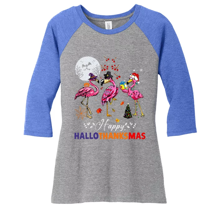 Flamingo Happy HalloThanksmas Funny Halloween Thanksgiving Women's Tri-Blend 3/4-Sleeve Raglan Shirt