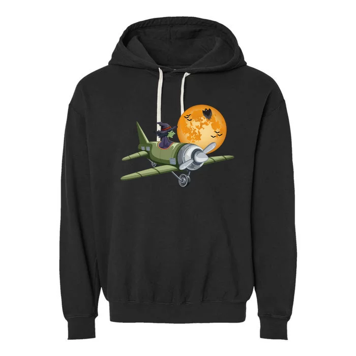 Funny Happy Halloween Witch Riding Airplane Moon Pumpkin Gift Garment-Dyed Fleece Hoodie