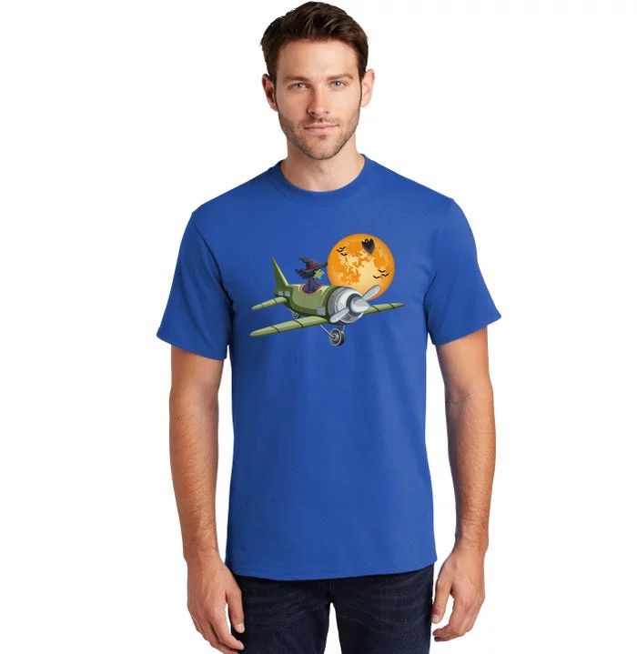 Funny Happy Halloween Witch Riding Airplane Moon Pumpkin Gift Tall T-Shirt