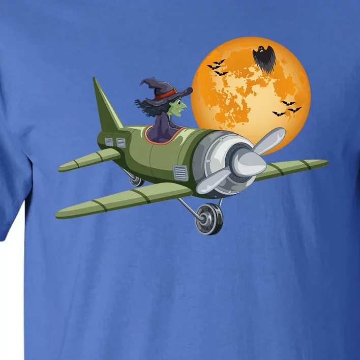 Funny Happy Halloween Witch Riding Airplane Moon Pumpkin Gift Tall T-Shirt