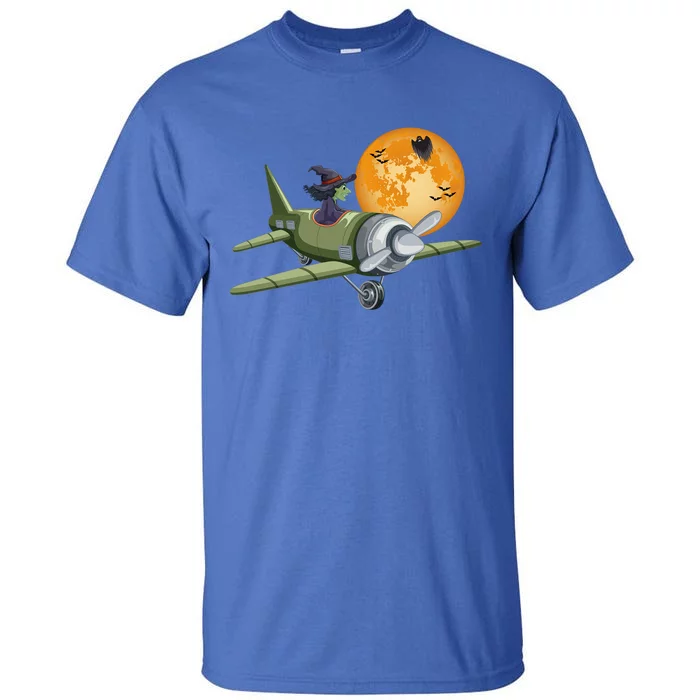 Funny Happy Halloween Witch Riding Airplane Moon Pumpkin Gift Tall T-Shirt