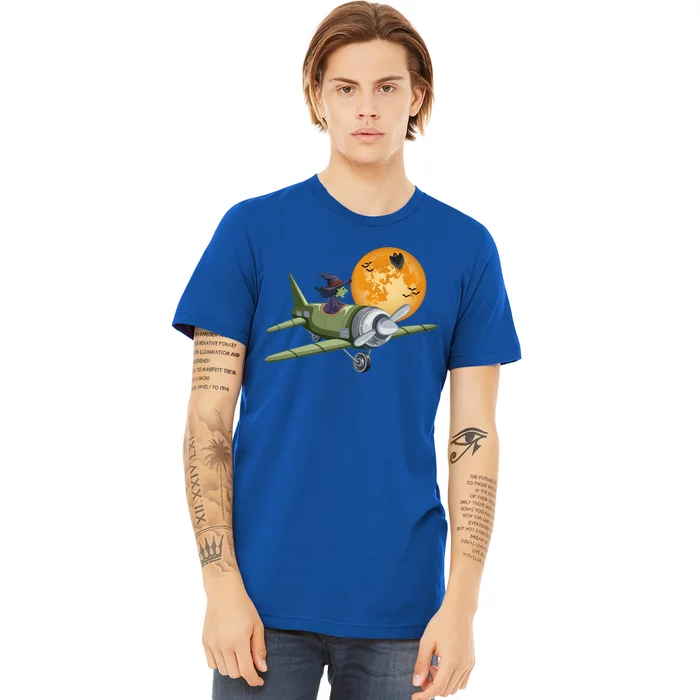 Funny Happy Halloween Witch Riding Airplane Moon Pumpkin Gift Premium T-Shirt