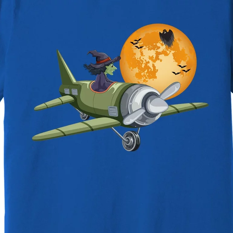 Funny Happy Halloween Witch Riding Airplane Moon Pumpkin Gift Premium T-Shirt