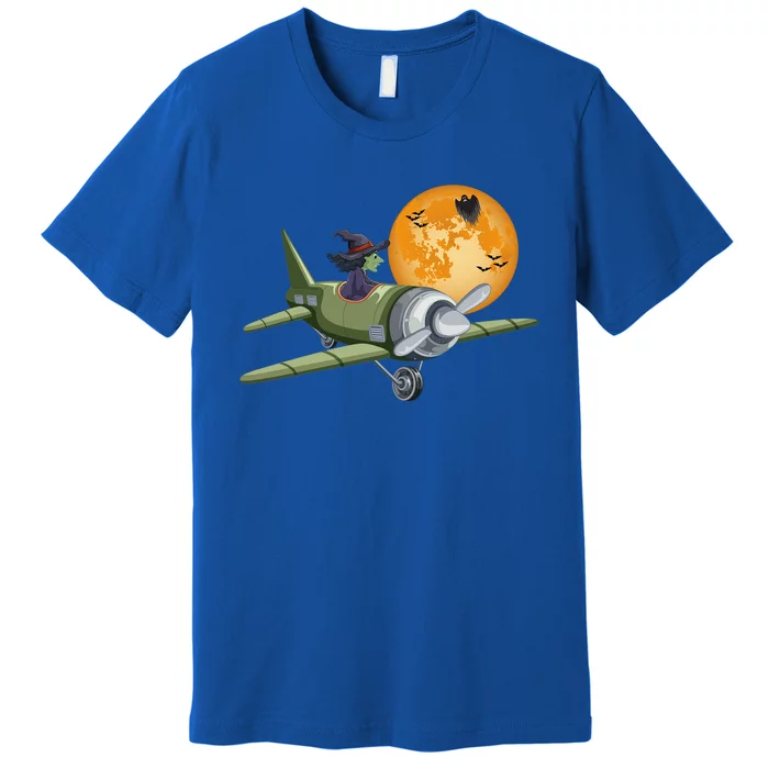 Funny Happy Halloween Witch Riding Airplane Moon Pumpkin Gift Premium T-Shirt