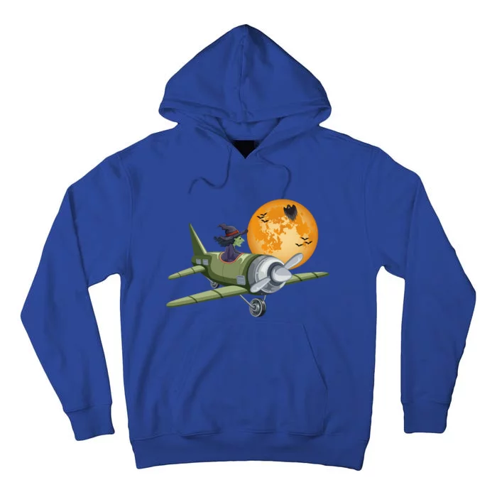 Funny Happy Halloween Witch Riding Airplane Moon Pumpkin Gift Tall Hoodie