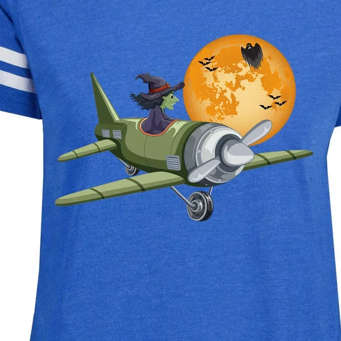 Funny Happy Halloween Witch Riding Airplane Moon Pumpkin Gift Enza Ladies Jersey Football T-Shirt