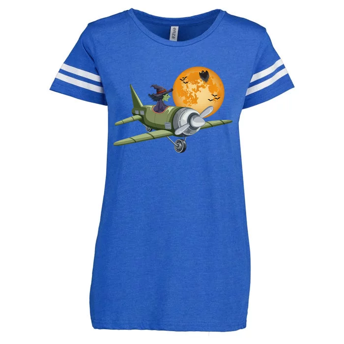 Funny Happy Halloween Witch Riding Airplane Moon Pumpkin Gift Enza Ladies Jersey Football T-Shirt