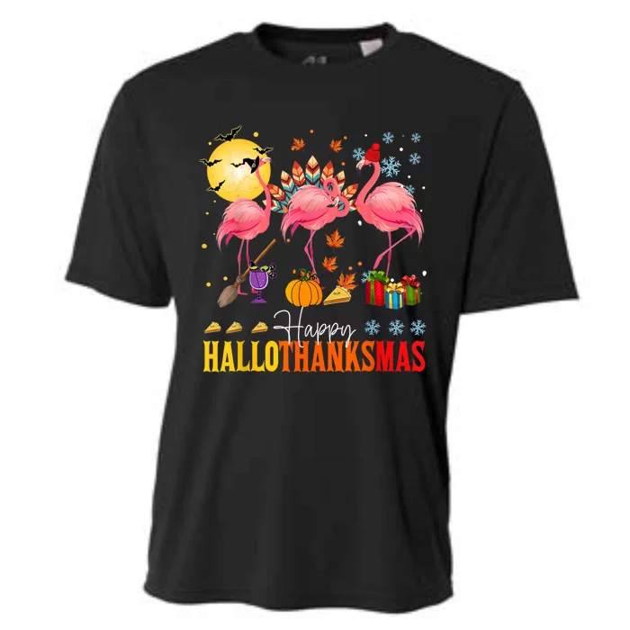 Flamingo Happy Hallothanksmas Halloween Thanksgiving Cooling Performance Crew T-Shirt