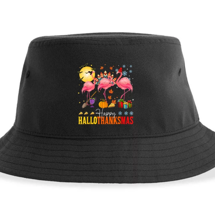 Flamingo Happy Hallothanksmas Halloween Thanksgiving Sustainable Bucket Hat