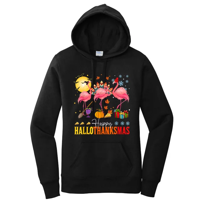 Flamingo Happy Hallothanksmas Halloween Thanksgiving Women's Pullover Hoodie