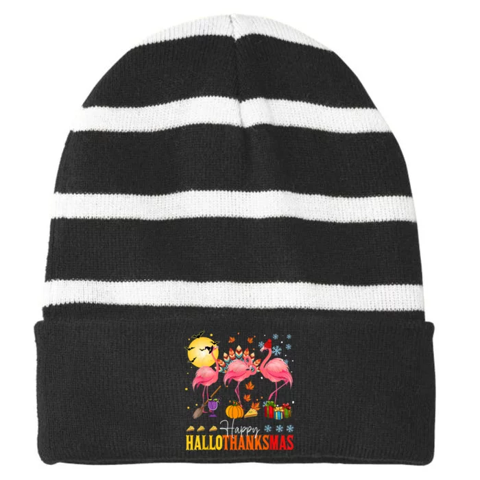 Flamingo Happy Hallothanksmas Halloween Thanksgiving Striped Beanie with Solid Band