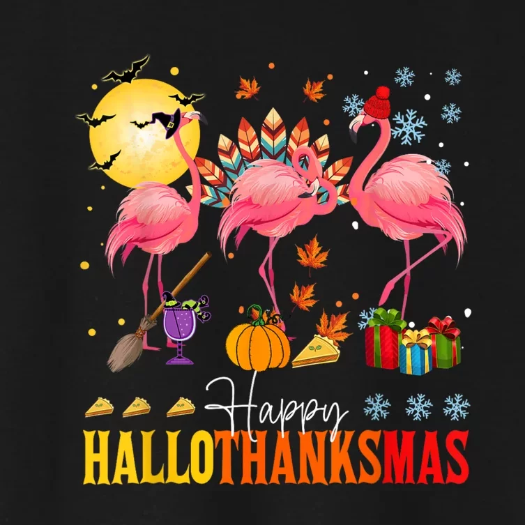 Flamingo Happy Hallothanksmas Halloween Thanksgiving Women's Crop Top Tee