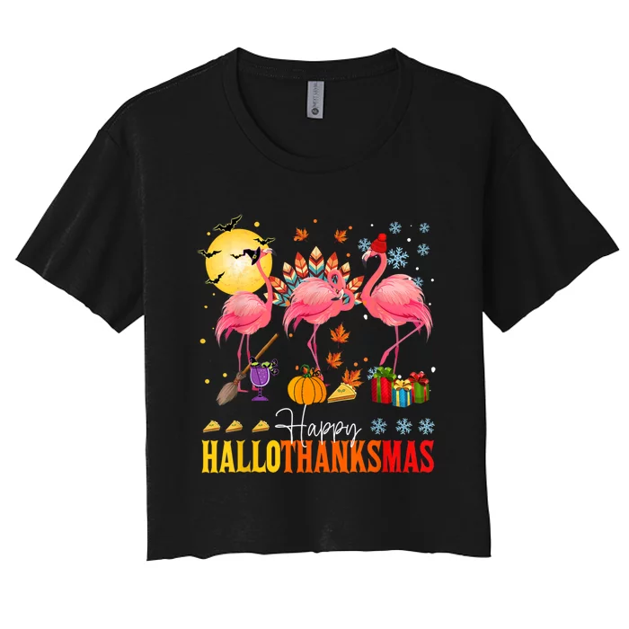 Flamingo Happy Hallothanksmas Halloween Thanksgiving Women's Crop Top Tee