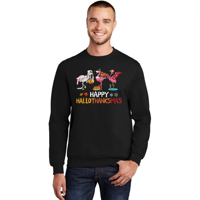 Flamingo Happy Hallothanksmas Funny Halloween Thanksgiving Tall Sweatshirt