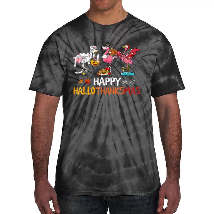 Flamingo Happy Hallothanksmas Funny Halloween Thanksgiving Tie-Dye T-Shirt