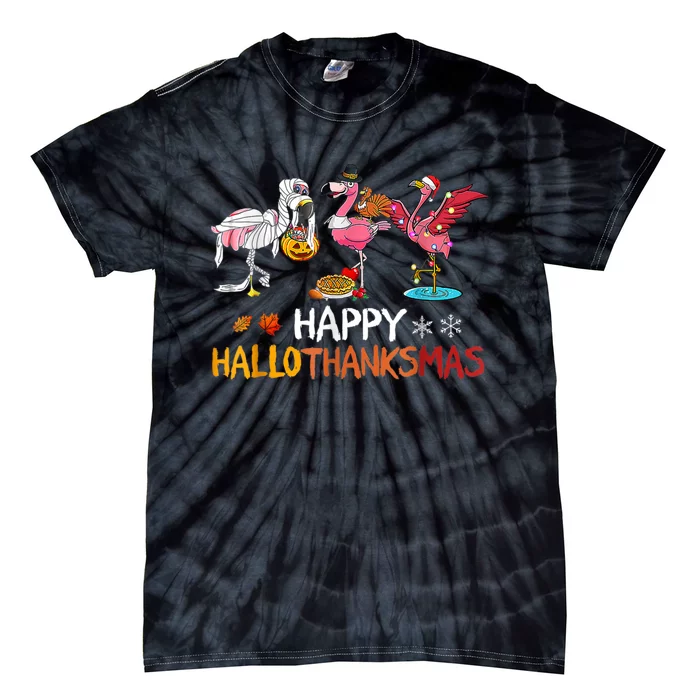 Flamingo Happy Hallothanksmas Funny Halloween Thanksgiving Tie-Dye T-Shirt