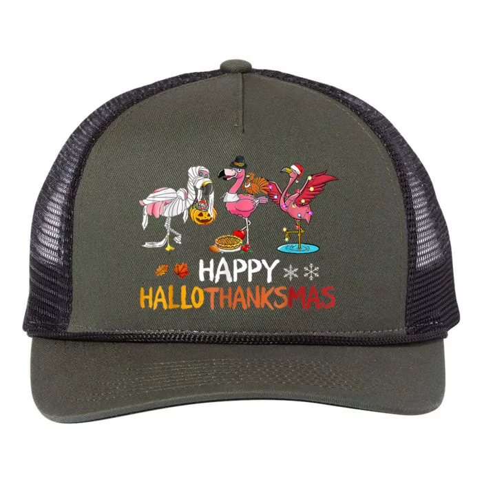 Flamingo Happy Hallothanksmas Funny Halloween Thanksgiving Retro Rope Trucker Hat Cap