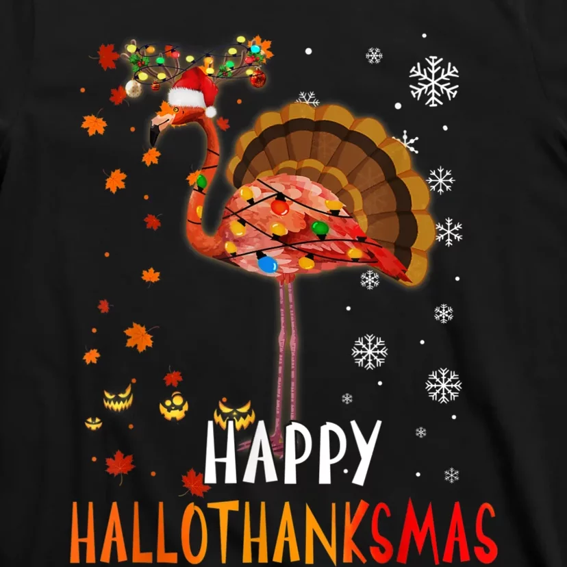 Flamingo Happy Hallothanksmas Funny Halloween Thanksgiving T-Shirt