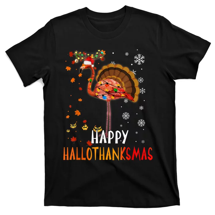 Flamingo Happy Hallothanksmas Funny Halloween Thanksgiving T-Shirt