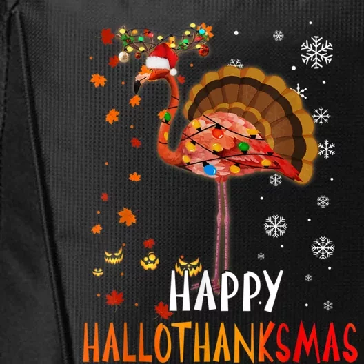 Flamingo Happy Hallothanksmas Funny Halloween Thanksgiving City Backpack