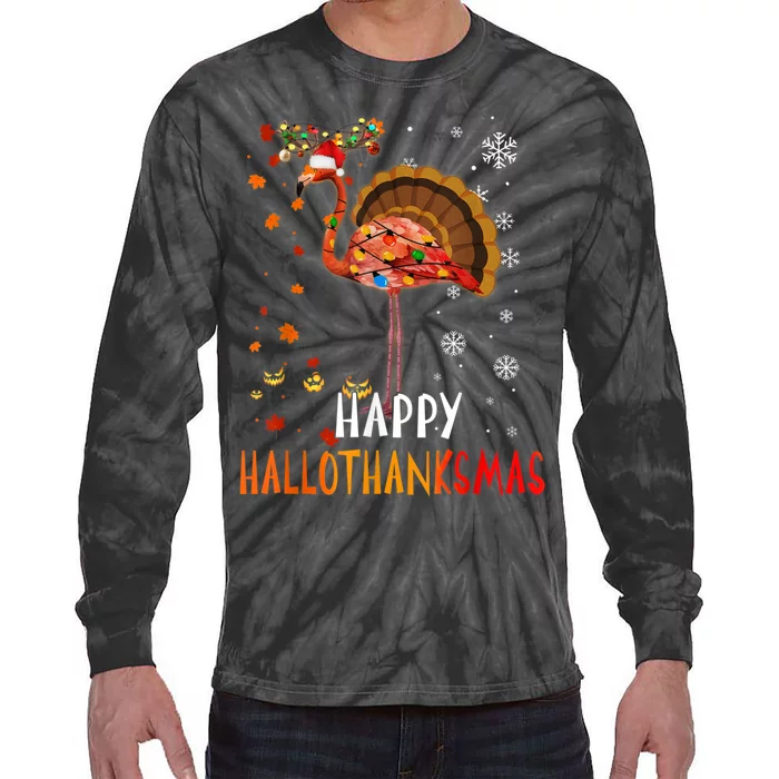 Flamingo Happy Hallothanksmas Funny Halloween Thanksgiving Tie-Dye Long Sleeve Shirt