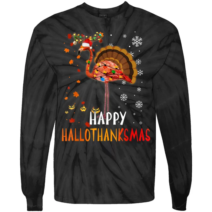 Flamingo Happy Hallothanksmas Funny Halloween Thanksgiving Tie-Dye Long Sleeve Shirt