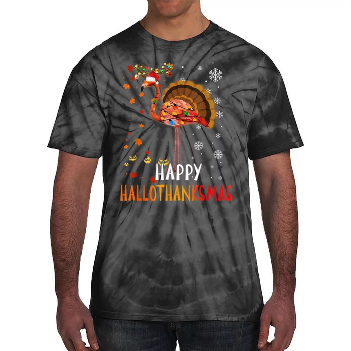 Flamingo Happy Hallothanksmas Funny Halloween Thanksgiving Tie-Dye T-Shirt