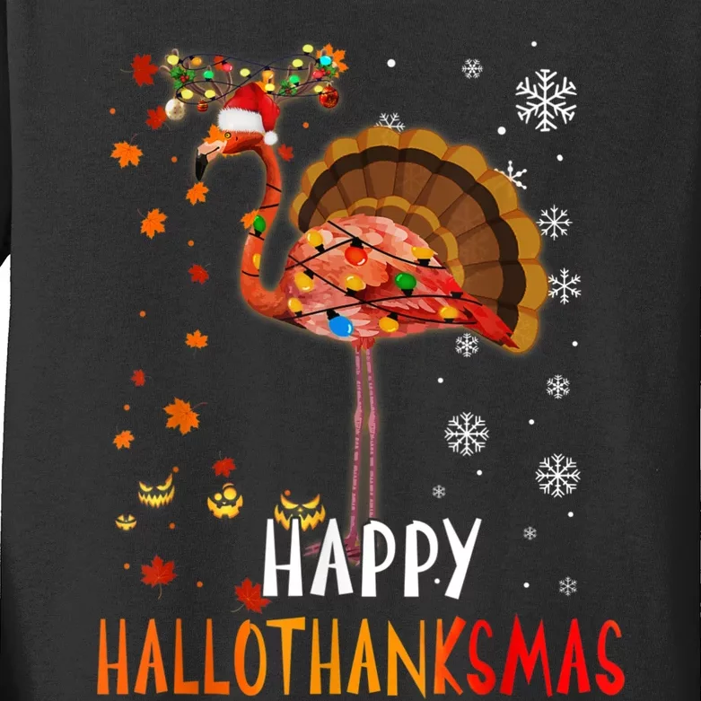 Flamingo Happy Hallothanksmas Funny Halloween Thanksgiving Kids Long Sleeve Shirt