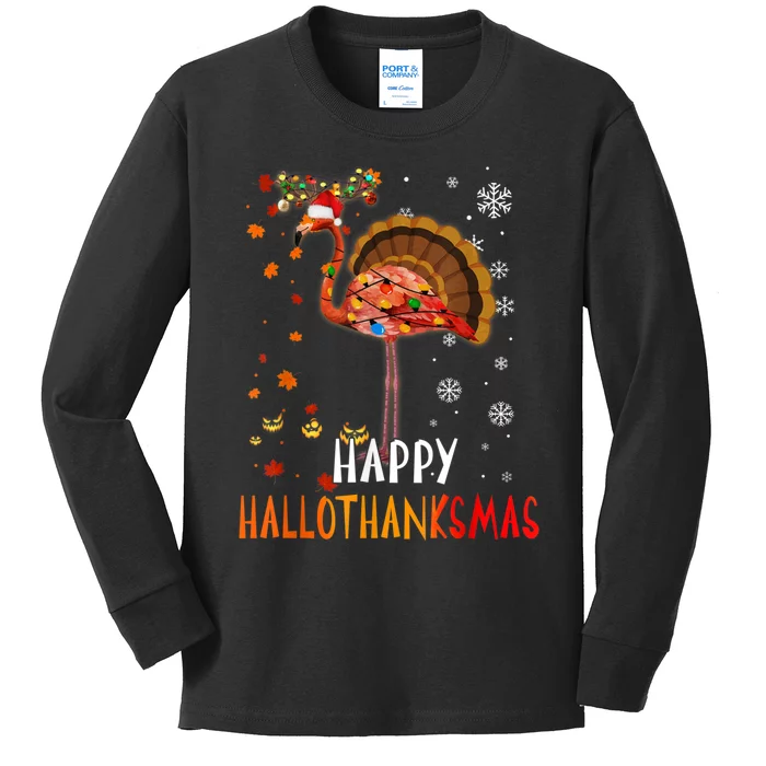 Flamingo Happy Hallothanksmas Funny Halloween Thanksgiving Kids Long Sleeve Shirt