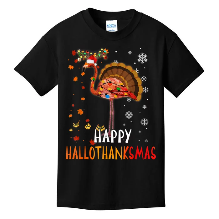 Flamingo Happy Hallothanksmas Funny Halloween Thanksgiving Kids T-Shirt