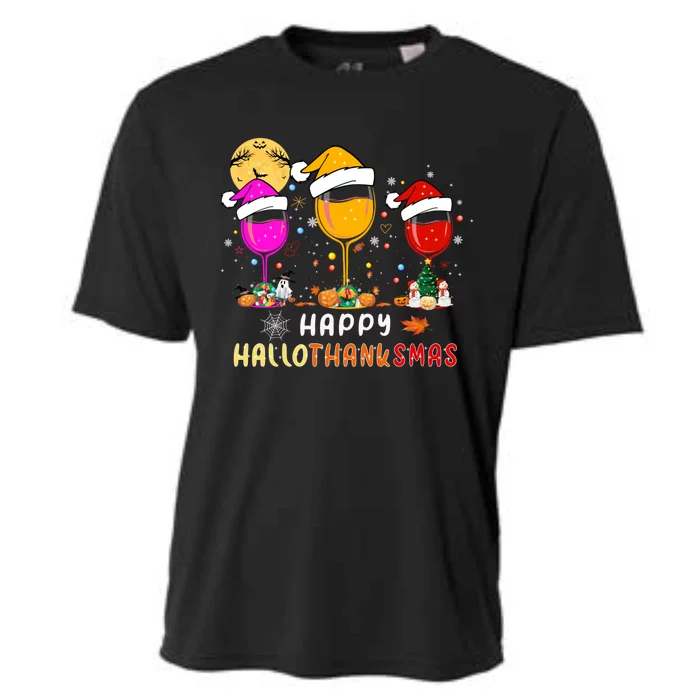 Funny Happy Hallothanksmas Wine Glasses Santa Hat Pumpkin Funny Gift Cooling Performance Crew T-Shirt