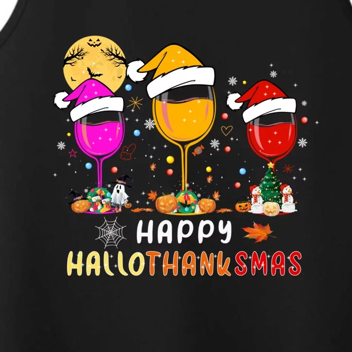 Funny Happy Hallothanksmas Wine Glasses Santa Hat Pumpkin Funny Gift Performance Tank