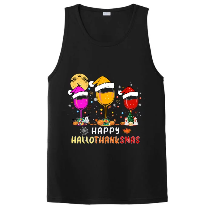 Funny Happy Hallothanksmas Wine Glasses Santa Hat Pumpkin Funny Gift Performance Tank