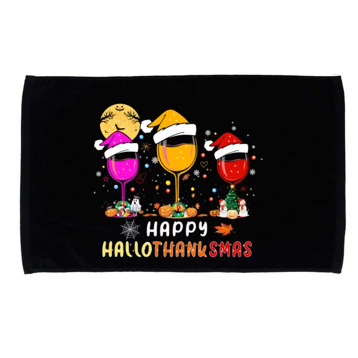 Funny Happy Hallothanksmas Wine Glasses Santa Hat Pumpkin Funny Gift Microfiber Hand Towel