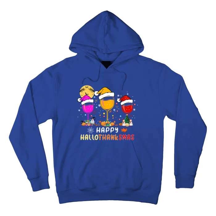 Funny Happy Hallothanksmas Wine Glasses Santa Hat Pumpkin Funny Gift Hoodie