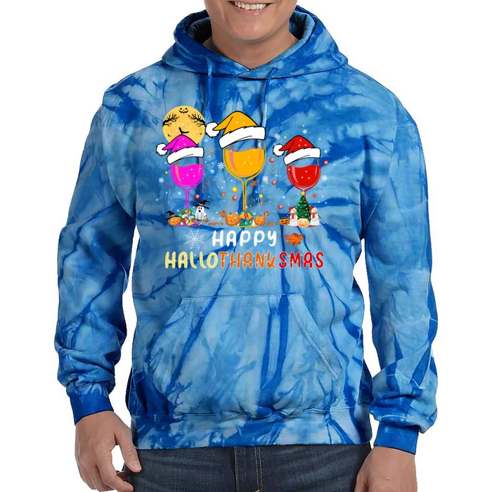 Funny Happy Hallothanksmas Wine Glasses Santa Hat Pumpkin Funny Gift Tie Dye Hoodie