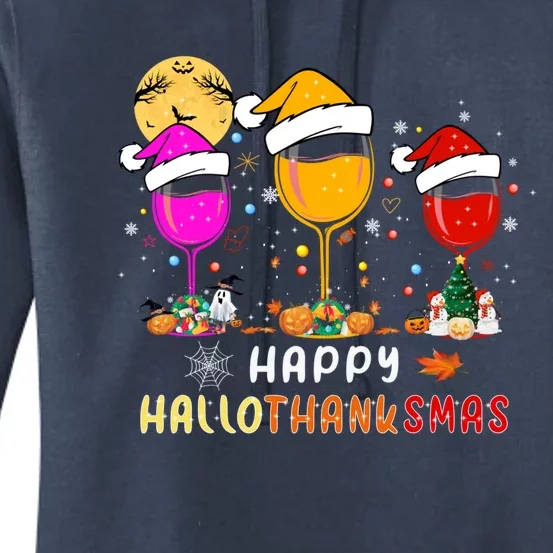 Funny Happy Hallothanksmas Wine Glasses Santa Hat Pumpkin Funny Gift Women's Pullover Hoodie