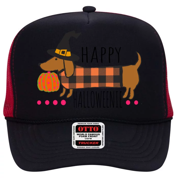 Funny Happy Halloweenie Dachshund Halloween Buffalo Plaid Gift High Crown Mesh Trucker Hat