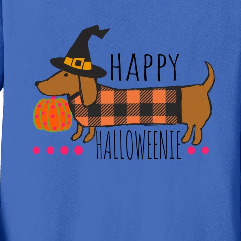 Funny Happy Halloweenie Dachshund Halloween Buffalo Plaid Gift Kids Long Sleeve Shirt