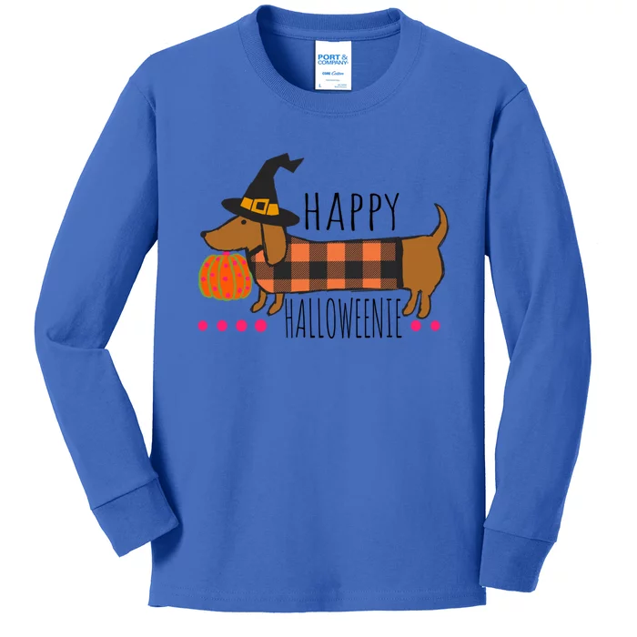 Funny Happy Halloweenie Dachshund Halloween Buffalo Plaid Gift Kids Long Sleeve Shirt