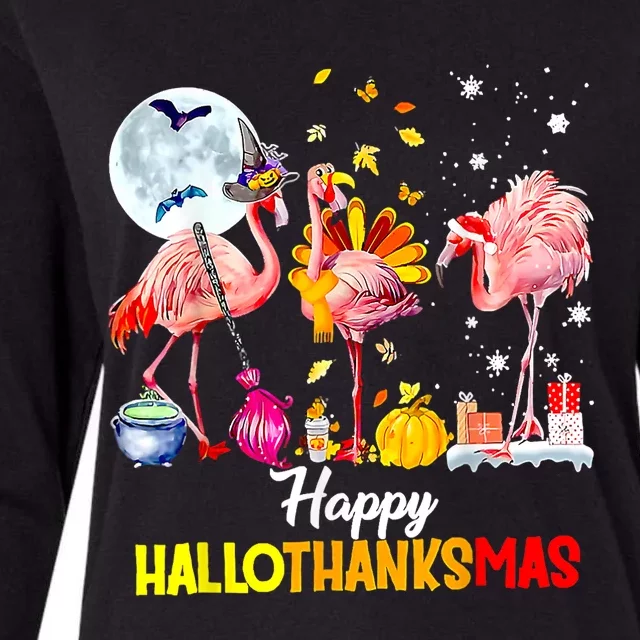 Flamingo Happy HalloThanksmas Funny Halloween Thanksgiving Womens Cotton Relaxed Long Sleeve T-Shirt