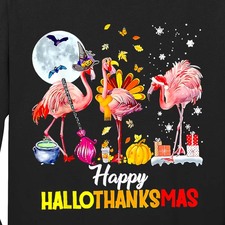 Flamingo Happy HalloThanksmas Funny Halloween Thanksgiving Long Sleeve Shirt