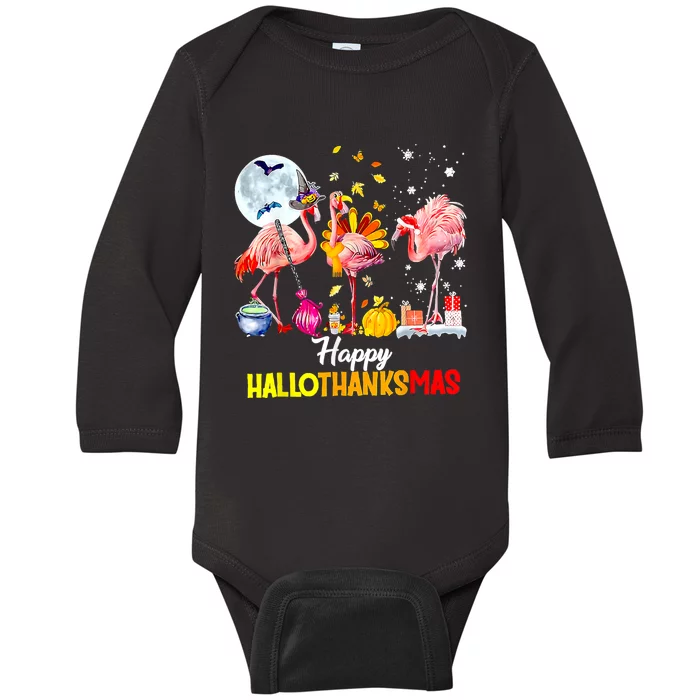 Flamingo Happy HalloThanksmas Funny Halloween Thanksgiving Baby Long Sleeve Bodysuit