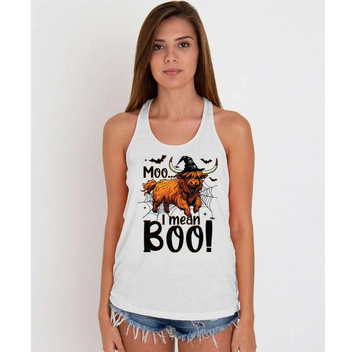 Funny Halloween Highland Cow Spooky Design Scary Farmer Women's Knotted Racerback Tank